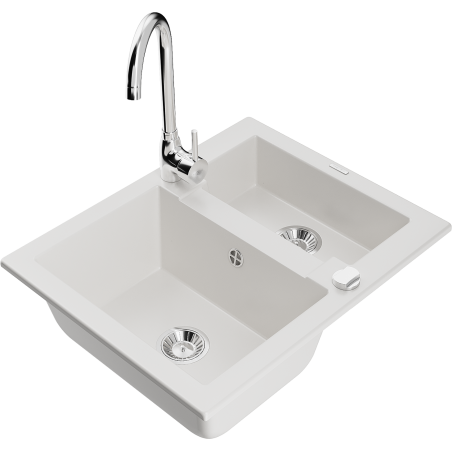 Mexen Carlos granitový dřez 1,5-komorový s kuchyňskou baterií Telma, bílý - 6518-20-670200-00