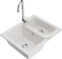 Mexen Carlos granitový dřez 1,5-komorový s kuchyňskou baterií Telma, bílý - 6518-20-670200-00