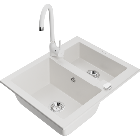 Mexen Carlos granitový dřez 1,5-komorový s kuchyňskou baterií Telma, bílý - 6518-20-670200-20