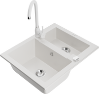 Mexen Carlos granitový dřez 1,5-komorový s kuchyňskou baterií Telma, bílý - 6518-20-670200-20