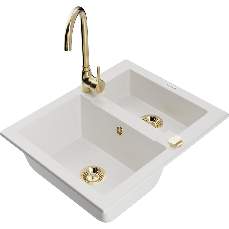 Mexen Carlos granitový dřez 1,5-komorový s kuchyňskou baterií Telma, bílý - 6518-20-670200-50