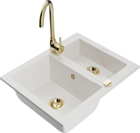 Mexen Carlos granitový dřez 1,5-komorový s kuchyňskou baterií Telma, bílý - 6518-20-670200-50