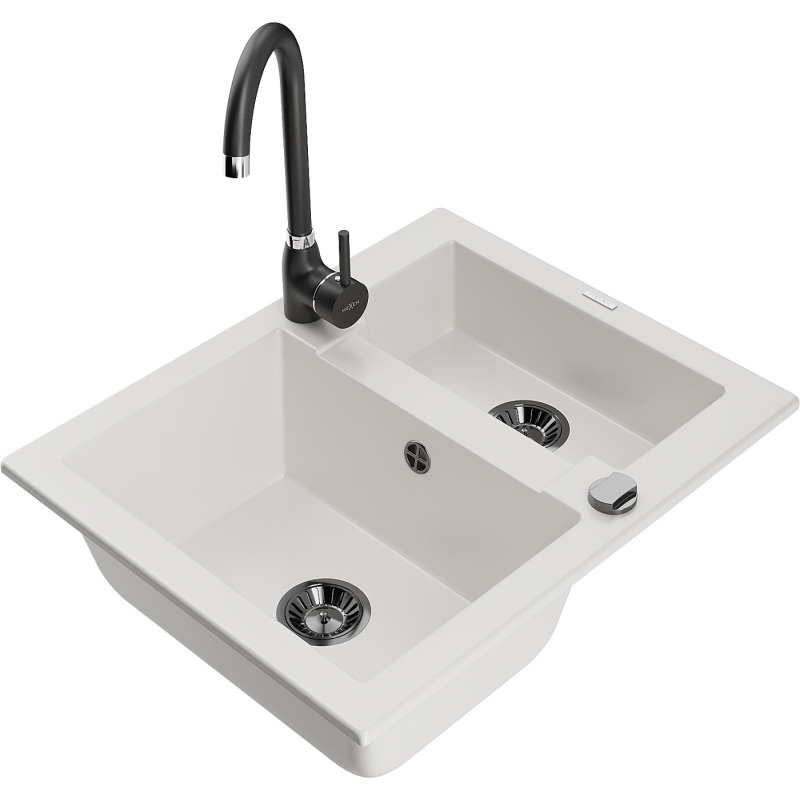 Mexen Carlos granitový dřez 1,5-komorový s kuchyňskou baterií Telma, bílá - 6518-20-670200-70