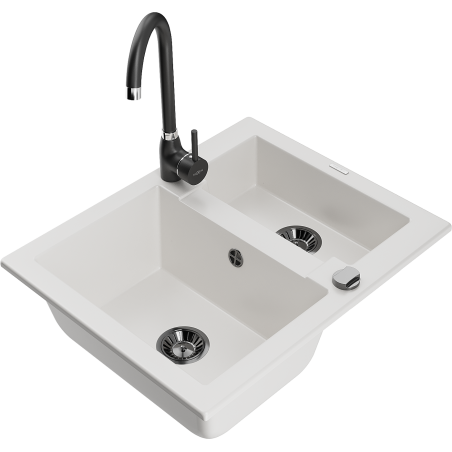 Mexen Carlos granitový dřez 1,5-komorový s kuchyňskou baterií Telma, bílá - 6518-20-670200-70