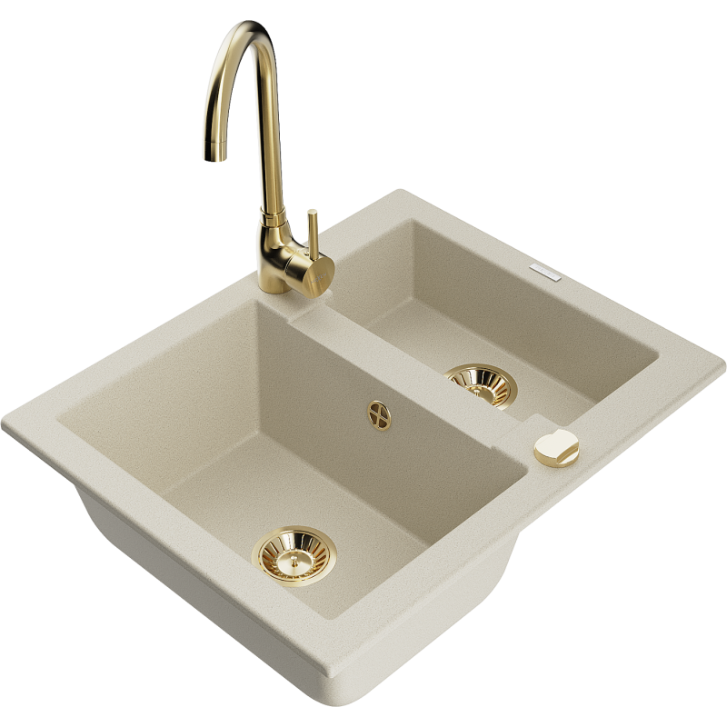 Mexen Carlos granitový dřez 1,5-komorový s kuchyňskou baterií Telma, béžový - 6518-69-670200-50