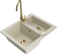 Mexen Carlos granitový dřez 1,5-komorový s kuchyňskou baterií Telma, béžový - 6518-69-670200-50