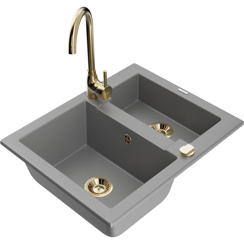 Mexen Carlos granitový dřez 1,5-komorový s kuchyňskou baterií Telma, šedý - 6518-71-670200-50