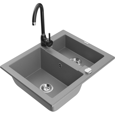 Mexen Carlos granitový dřez 1,5-komorový s kuchyňskou baterií Telma, šedý - 6518-71-670200-70