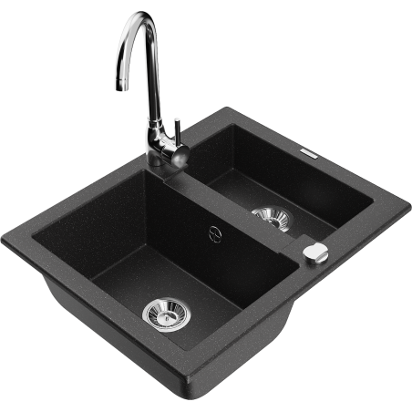 Mexen Carlos granitový dřez 1,5-komorový s kuchyňskou baterií Telma, černý/stříbrný metalík - 6518-73-670200-00