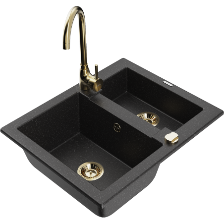 Mexen Carlos granitový dřez 1,5-komorový s kuchyňskou baterií Telma, černý/stříbrný metalík - 6518-73-670200-50