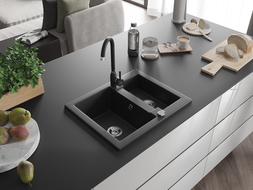 Mexen Carlos granitový dřez 1,5-komorový s kuchyňskou baterií Telma, černý/stříbrný metalik - 6518-73-670200-70