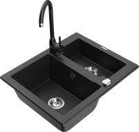 Mexen Carlos granitový dřez 1,5-komorový s kuchyňskou baterií Telma, černý/stříbrný metalik - 6518-73-670200-70