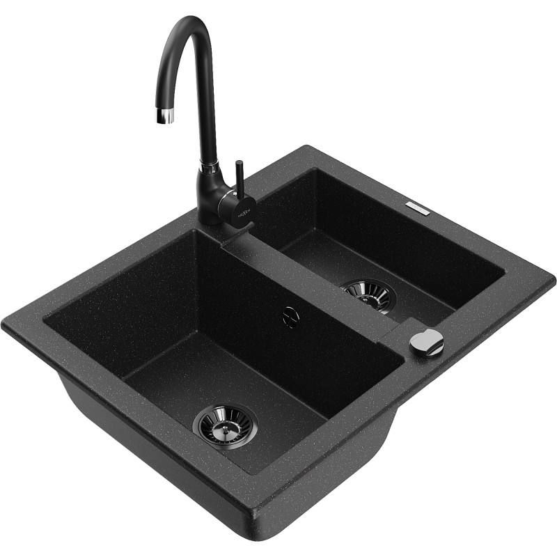 Mexen Carlos granitový dřez 1,5-komorový s kuchyňskou baterií Telma, černý/stříbrný metalický - 6518-73-670200-70-B