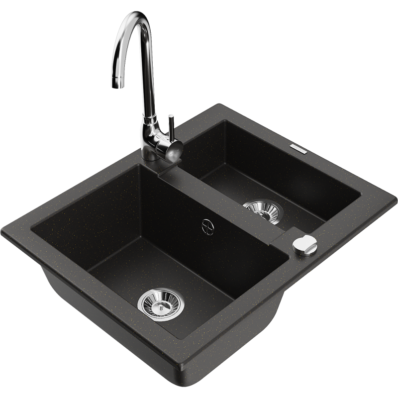 Mexen Carlos granitový dřez 1,5-komorový s kuchyňskou baterií Telma, černý/zlatý metalik - 6518-75-670200-00