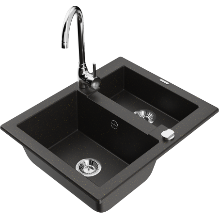 Mexen Carlos granitový dřez 1,5-komorový s kuchyňskou baterií Telma, černý/zlatý metalik - 6518-75-670200-00