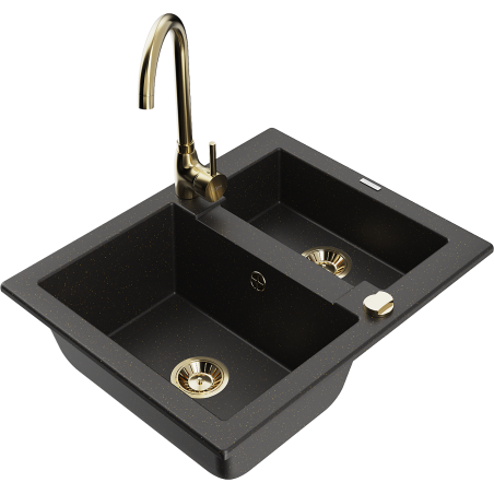 Mexen Carlos granitový dřez 1,5-komorový s kuchyňskou baterií Telma, černý/zlatý metalik - 6518-75-670200-50