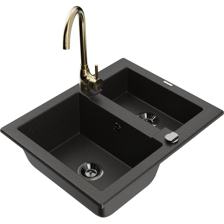 Mexen Carlos dřez žulový 1,5-komorový s kuchyňskou baterií Telma, černý/zlatý metalik - 6518-75-670200-50-B