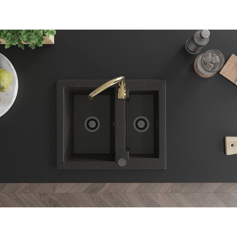 Mexen Carlos dřez žulový 1,5-komorový s kuchyňskou baterií Telma, černý/zlatý metalik - 6518-75-670200-50-B
