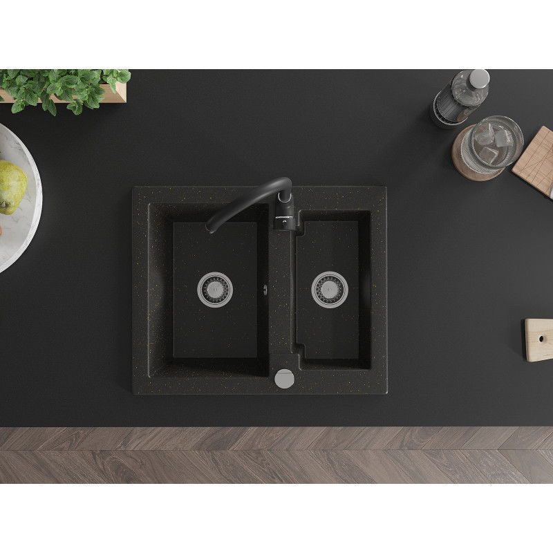 Mexen Carlos granitový dřez 1,5-komorový s kuchyňskou baterií Telma, černý/zlatý metalík - 6518-75-670200-70