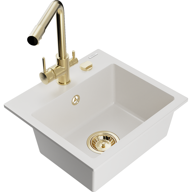 Mexen Milo granitový dřez 1-komorový s kuchyňskou baterií Duero, bílý - 6505-20-671600-50