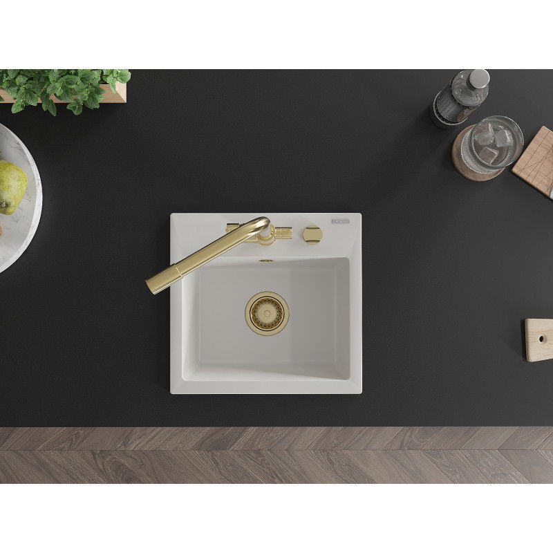 Mexen Milo granitový dřez 1-komorový s kuchyňskou baterií Duero, bílý - 6505-20-671600-50