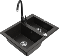 Mexen Carlos granitový dřez 1,5-komorový s kuchyňskou baterií Telma, černý/zlatý metalík - 6518-75-670200-70