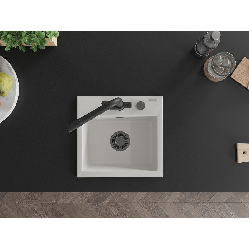 Mexen Milo granitový dřez s 1 komorou a kuchyňskou baterií Duero, bílý - 6505-20-671600-70