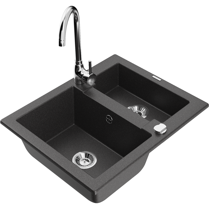Mexen Carlos žulový dřez s 1,5 vaničkou a kuchyňskou baterií Telma, černý skvrnitý - 6518-76-670200-00