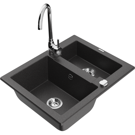 Mexen Carlos žulový dřez s 1,5 vaničkou a kuchyňskou baterií Telma, černý skvrnitý - 6518-76-670200-00