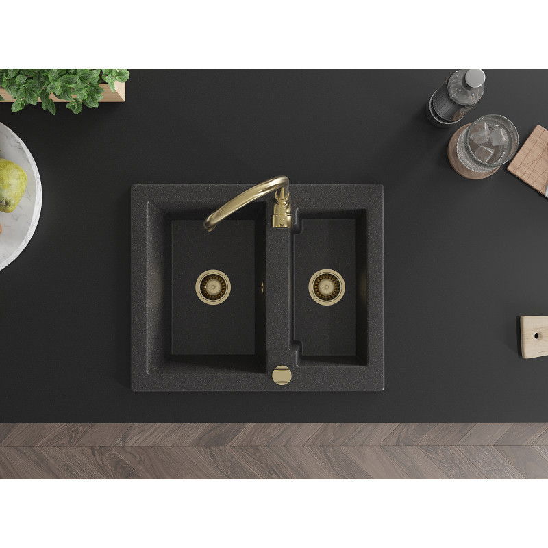 Mexen Carlos žulový dřez s 1,5 komorou a kuchyňskou baterií Telma, černý tečkovaný - 6518-76-670200-50