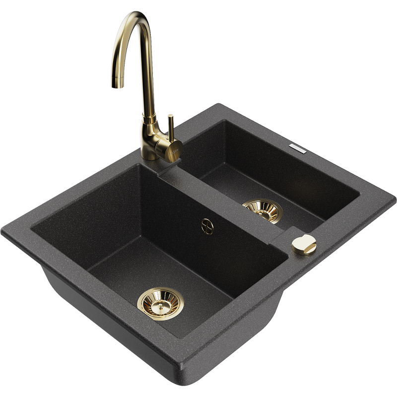 Mexen Carlos žulový dřez s 1,5 komorou a kuchyňskou baterií Telma, černý tečkovaný - 6518-76-670200-50