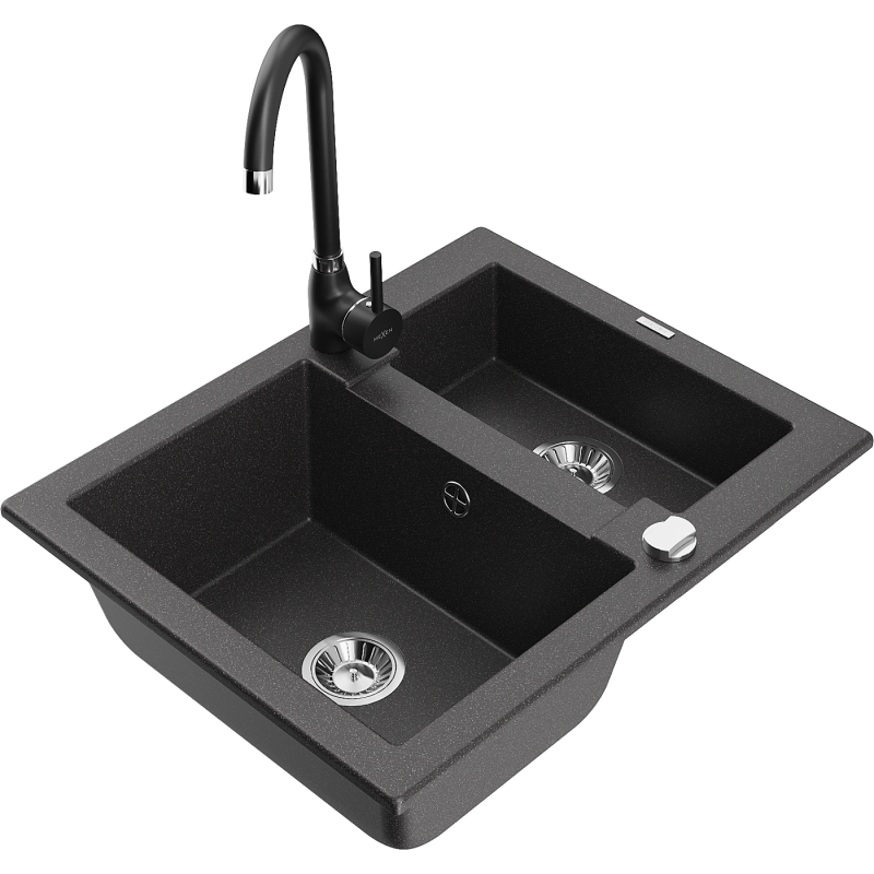 Mexen Carlos granitový dřez 1,5-komorový s kuchyňskou baterií Telma, černý skvrnitý - 6518-76-670200-70