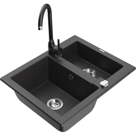 Mexen Carlos granitový dřez 1,5-komorový s kuchyňskou baterií Telma, černý skvrnitý - 6518-76-670200-70