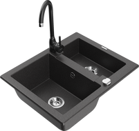 Mexen Carlos granitový dřez 1,5-komorový s kuchyňskou baterií Telma, černý skvrnitý - 6518-76-670200-70