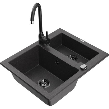 Mexen Carlos žulový dřez 1,5-komorový s kuchyňskou baterií Telma, černý skvrnitý - 6518-76-670200-70-B