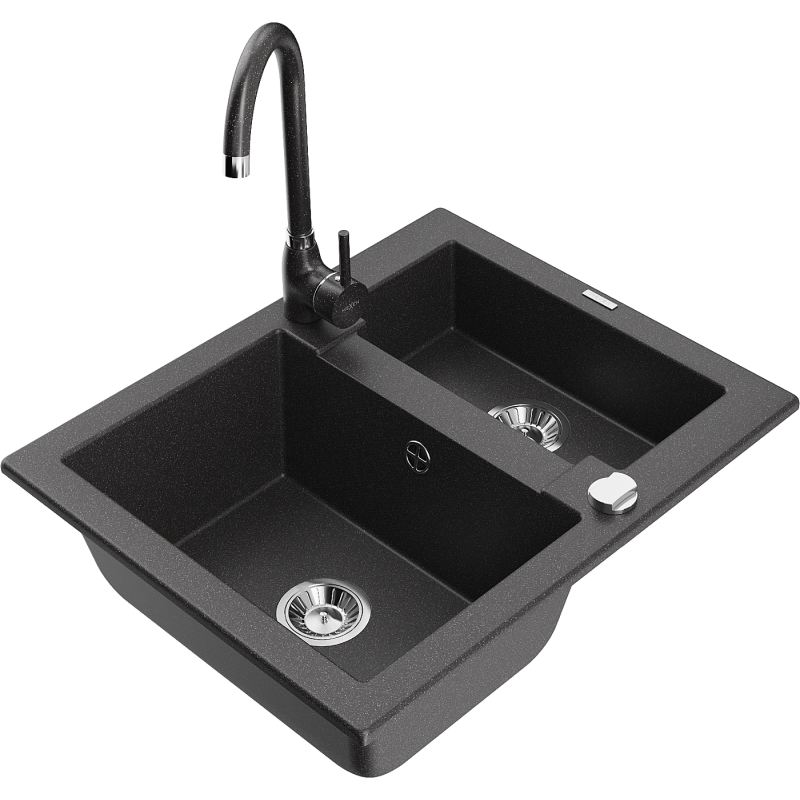 Mexen Carlos granitový dřez 1,5-komorový s kuchyňskou baterií Telma, černý sypaný - 6518-76-670200-76