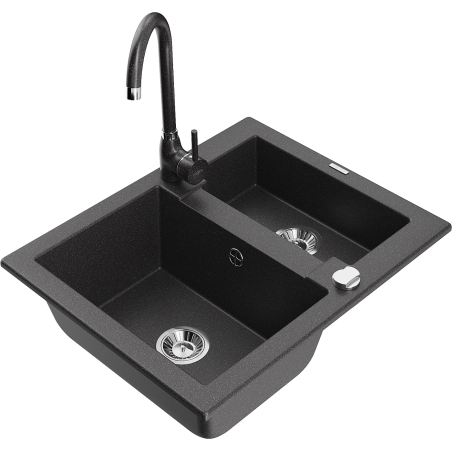 Mexen Carlos granitový dřez 1,5-komorový s kuchyňskou baterií Telma, černý sypaný - 6518-76-670200-76
