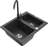 Mexen Carlos granitový dřez 1,5-komorový s kuchyňskou baterií Telma, černý sypaný - 6518-76-670200-76