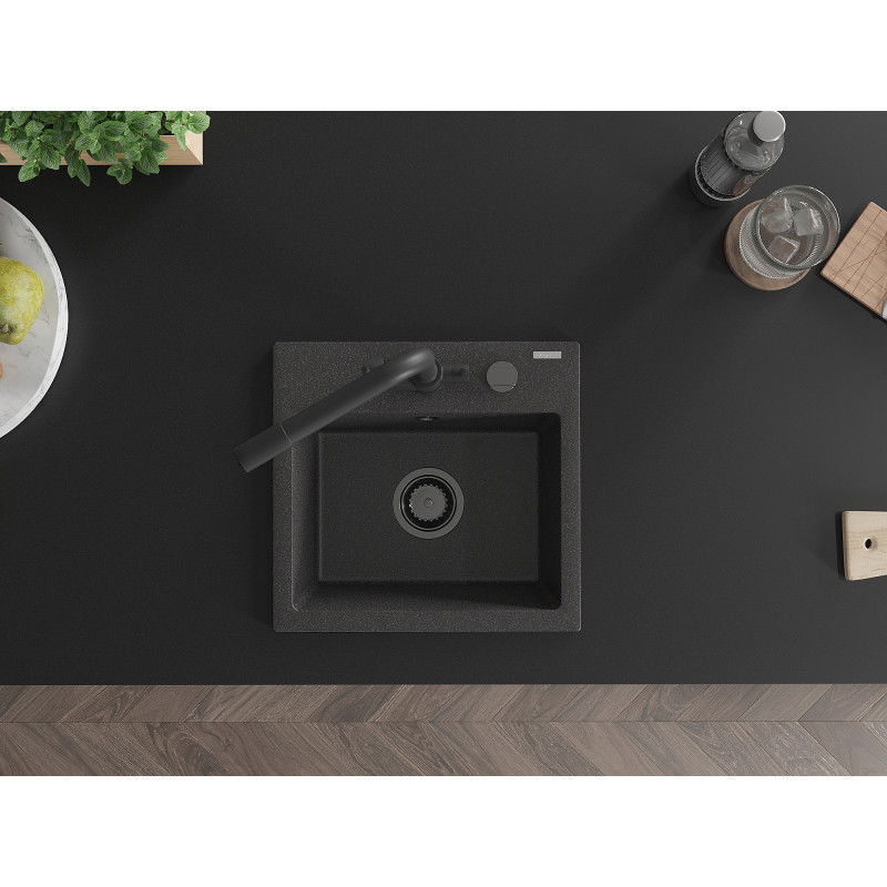Mexen Milo granitový dřez 1-komorový s kuchyňskou baterií Duero, černý kropenatý - 6505-76-671600-70-B