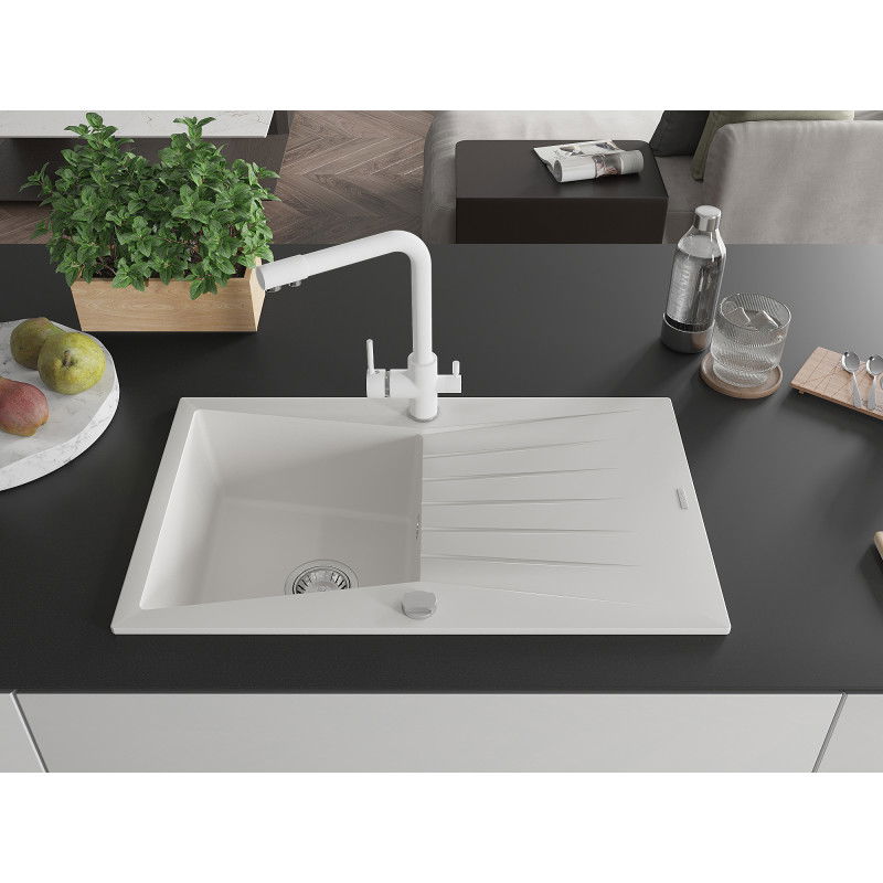 Mexen Cesar granitový dřez 1-komorový s odkapávačem a kuchyňskou baterií Duero, bílý - 6514-20-671600-20