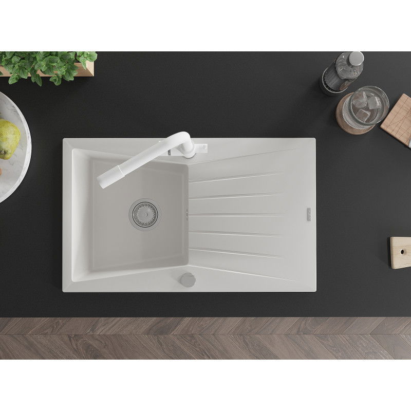 Mexen Cesar granitový dřez 1-komorový s odkapávačem a kuchyňskou baterií Duero, bílý - 6514-20-671600-20