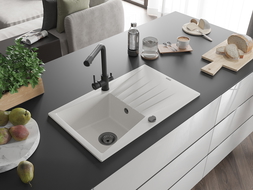 Mexen Cesar jednodřezový žulový dřez s odkapávačem a kuchyňskou baterií Duero, bílá - 6514-20-671600-70