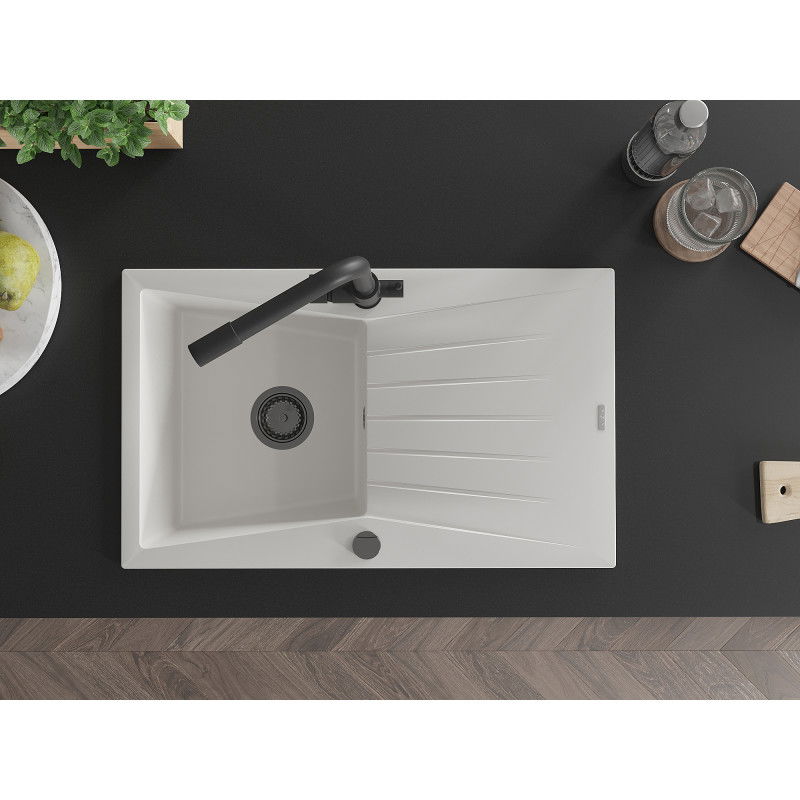 Mexen Cesar jednodřezový žulový dřez s odkapávačem a kuchyňskou baterií Duero, bílá - 6514-20-671600-70