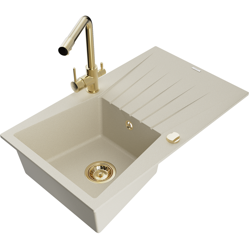 Mexen Cesar granitový dřez s 1 komorou, odkapávačem a kuchyňskou baterií Duero, béžový - 6514-69-671600-50