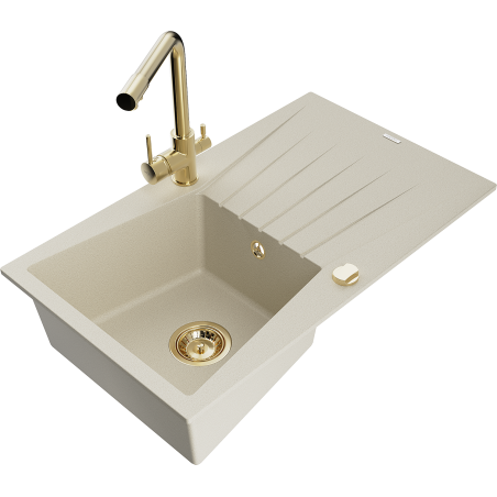 Mexen Cesar granitový dřez s 1 komorou, odkapávačem a kuchyňskou baterií Duero, béžový - 6514-69-671600-50