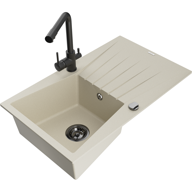 Mexen Cesar granitový dřez s odkapávačem a kuchyňskou baterií Duero, béžový - 6514-69-671600-70