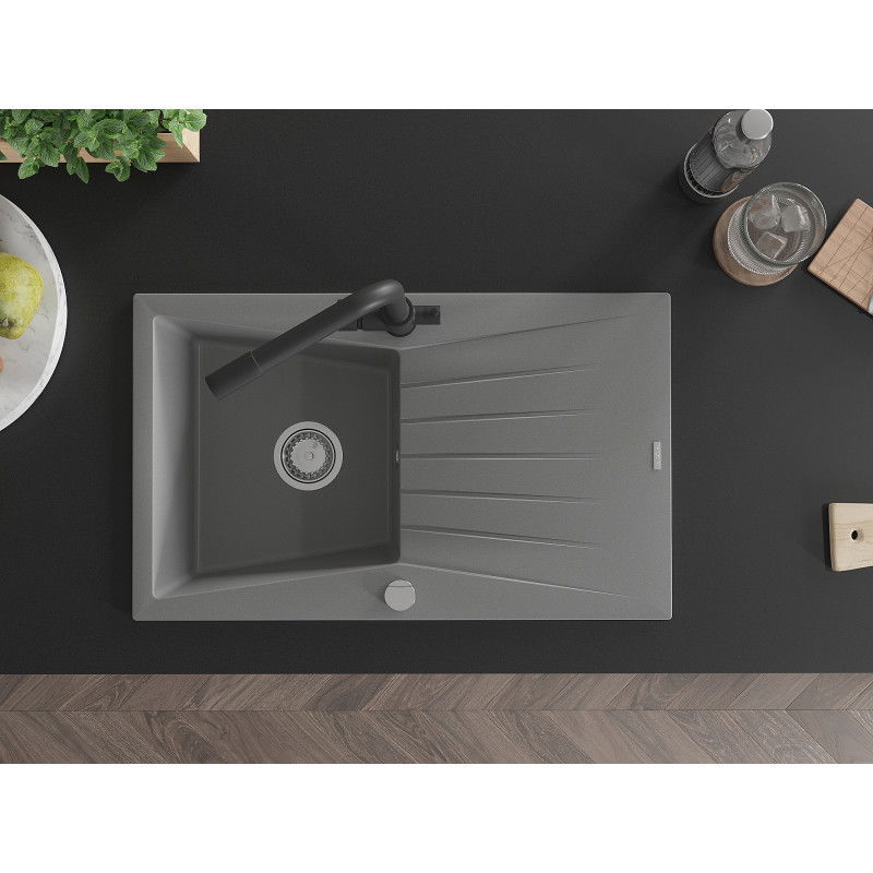 Mexen Cesar granitový dřez 1-komorový s odkapávačem a kuchyňskou baterií Duero, šedý - 6514-71-671600-70