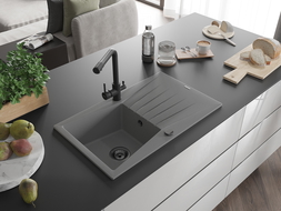 Mexen Cesar granitový dřez 1-komorový s odkapávačem a kuchyňskou baterií Duero, šedý - 6514-71-671600-70-B