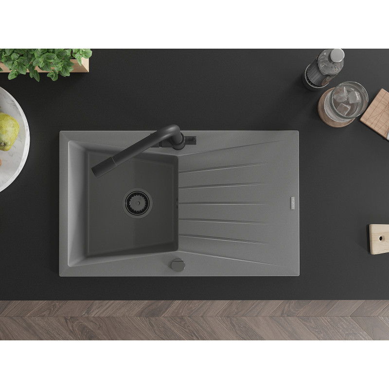 Mexen Cesar granitový dřez 1-komorový s odkapávačem a kuchyňskou baterií Duero, šedý - 6514-71-671600-70-B