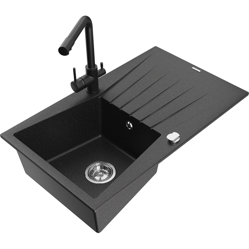 Mexen Cesar granitový dřez 1-komorový s odkapávačem a kuchyňskou baterií Duero, černý/stříbrný metalik - 6514-73-671600-70